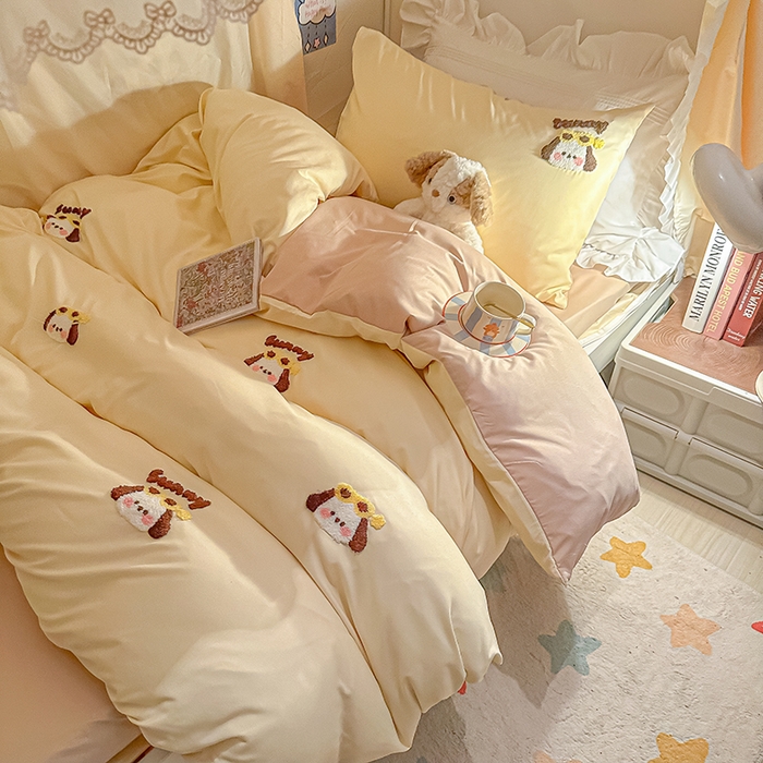 91家纺网 家纺一手货源 找家纺 2024新款水洗棉卡通小清新毛巾绣四件套宿舍三件套学生款 帕恰-奶黄奶茶