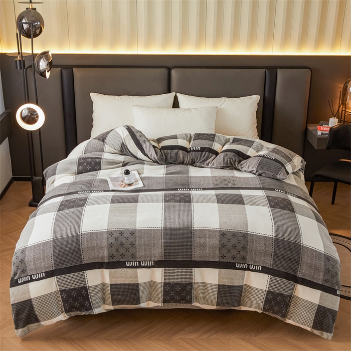 91家纺网 家纺一手货源 找家纺 董韵家纺 2025新款高克重全消光牛奶绒法莱绒金貂绒印花单品被套床裙四件套（提供买家秀） 方格灰