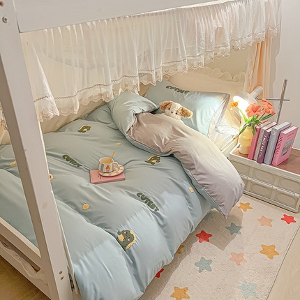 2024新款水洗棉卡通小清新毛巾绣四件套宿舍三件套学生款 恐龙-繁星蓝