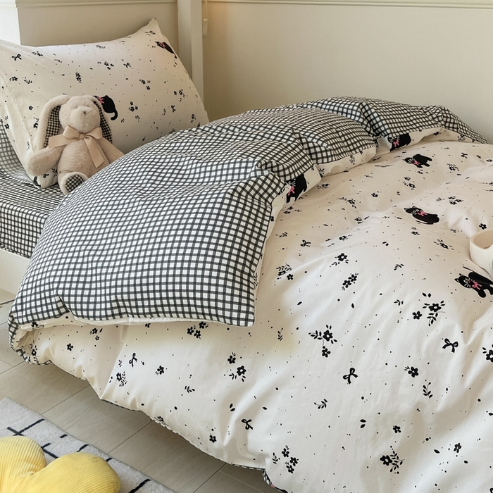 91家纺网 家纺一手货源 找家纺 吉象家纺 2025新款全棉印花款三件套 小黑猫