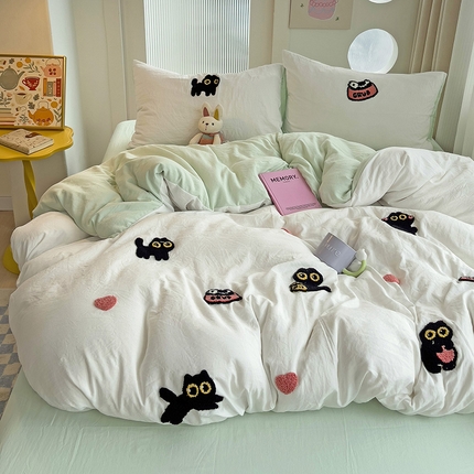 韩巢家纺 2024新款四季通用超柔水洗棉毛巾绣四件套-幸运猫系列（提供卖家秀） 幸运猫白绿