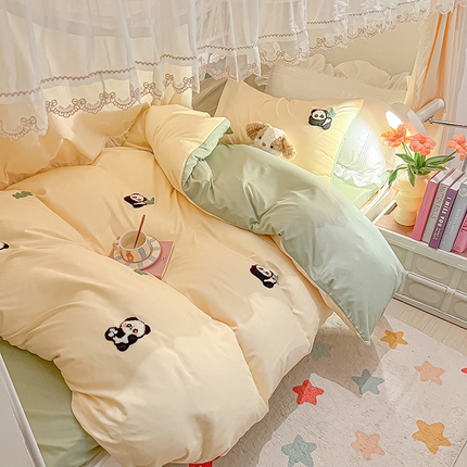2024新款水洗棉卡通小清新毛巾绣四件套宿舍三件套学生款 熊猫-奶黄果绿