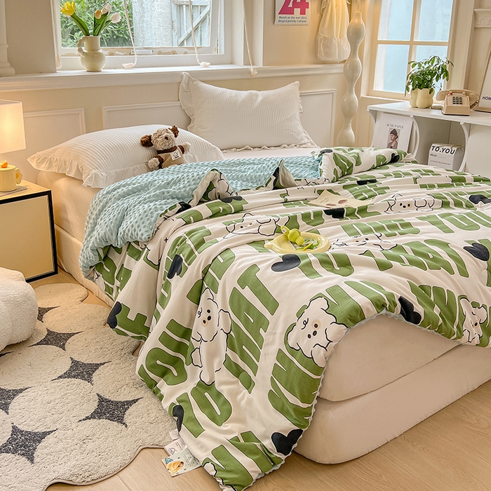 91家纺网 家纺一手货源 找家纺 居易简 2025新款水洗棉双层纱豆豆被加绒被子被芯直播豆豆绒被被子被芯冬被春秋被 皮皮狗