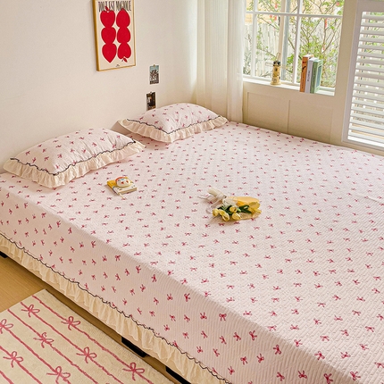 91家纺网 家纺一手货源 找家纺 暖居 2024纯棉榻榻米四件套单件农村大炕盖支持定制绗缝防滑单件纯棉床单四季通用 粉蝴蝶结