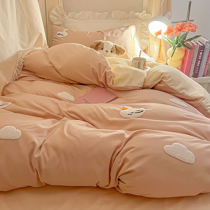 91家纺网 家纺一手货源 找家纺 2024新款水洗棉卡通小清新毛巾绣四件套宿舍三件套学生款 可爱鸭-奶茶奶黄