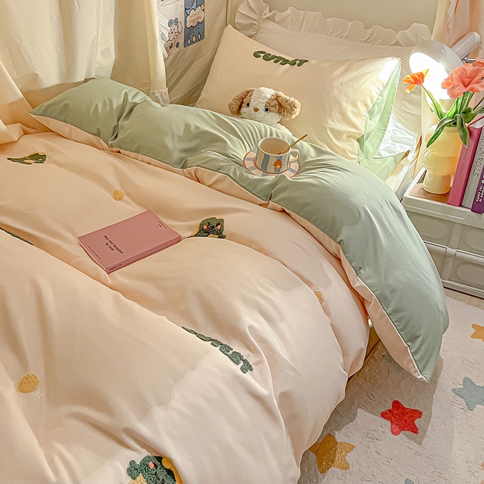 91家纺网 家纺一手货源 找家纺 （总）2024新款水洗棉卡通小清新毛巾绣四件套宿舍三件套学生款