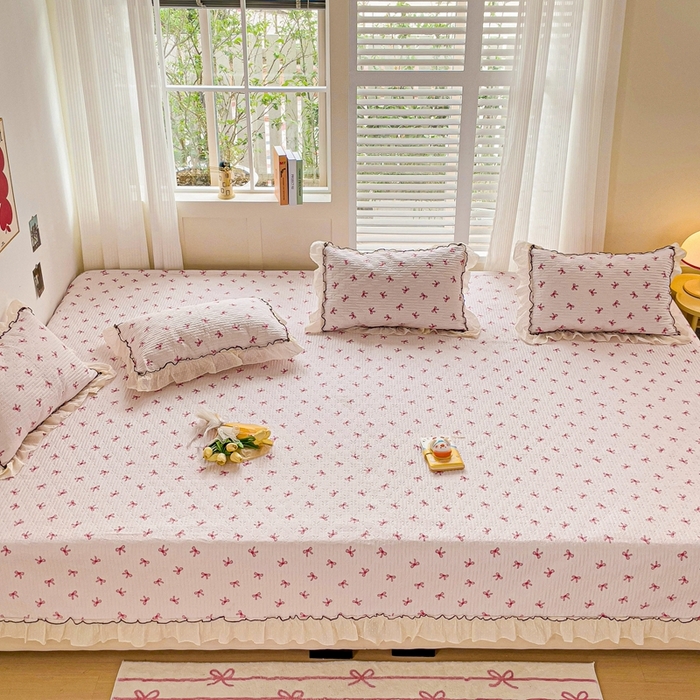 91家纺网 家纺一手货源 找家纺 暖居 2024纯棉榻榻米四件套单件农村大炕盖支持定制绗缝防滑单件纯棉床单四季通用 粉蝴蝶结