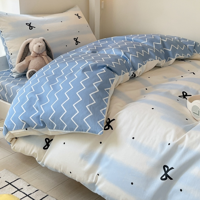 91家纺网 家纺一手货源 找家纺 吉象家纺 2025新款全棉印花款三件套 蓝茵