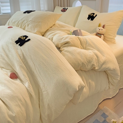 韩巢家纺 2024新款四季通用超柔水洗棉毛巾绣单件被套-幸运猫系列（提供卖家秀 ） 幸运猫奶黄