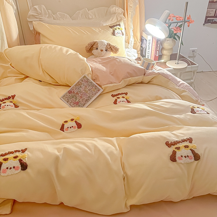 91家纺网 家纺一手货源 找家纺 2024新款水洗棉卡通小清新毛巾绣四件套宿舍三件套学生款 帕恰-奶黄奶茶