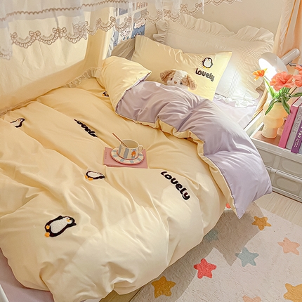 2024新款水洗棉卡通小清新毛巾绣四件套宿舍三件套学生款 企鹅蛋-奶黄浅紫