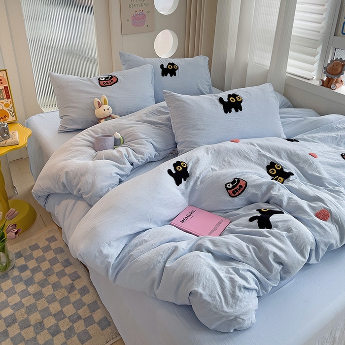 91家纺网 家纺一手货源 找家纺 韩巢家纺 2024新款四季通用超柔水洗棉毛巾绣单件被套-幸运猫系列（提供卖家秀 ） 幸运猫浅蓝