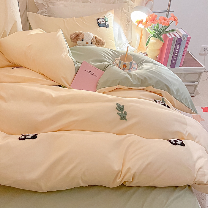 91家纺网 家纺一手货源 找家纺 2024新款水洗棉卡通小清新毛巾绣四件套宿舍三件套学生款 熊猫-奶黄果绿