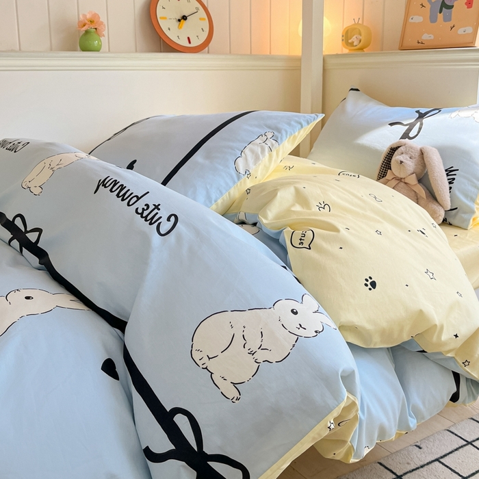 91家纺网 家纺一手货源 找家纺 吉象家纺 2025新款全棉印花款三件套 玉兔-浅蓝