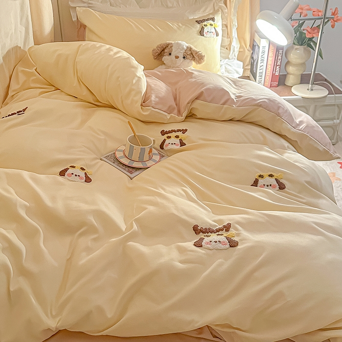 91家纺网 家纺一手货源 找家纺 2024新款水洗棉卡通小清新毛巾绣四件套宿舍三件套学生款 帕恰-奶黄奶茶