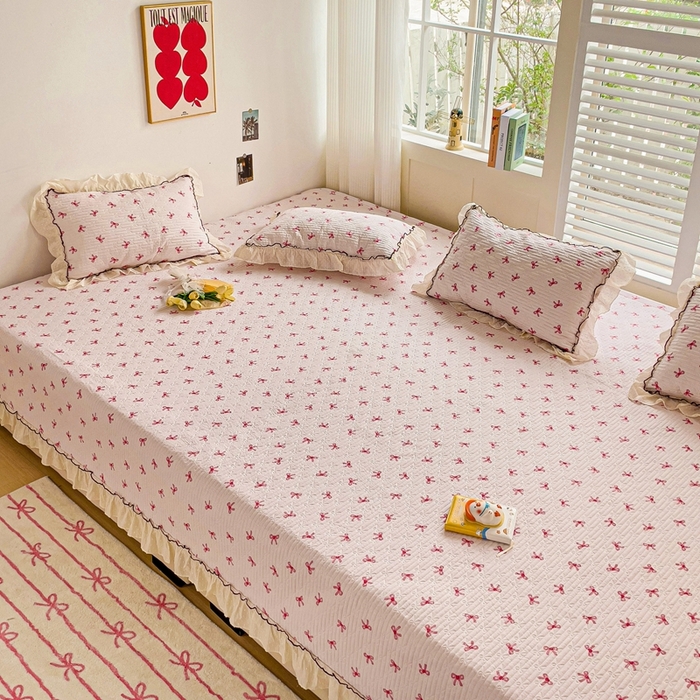 91家纺网 家纺一手货源 找家纺 暖居 2024纯棉榻榻米四件套单件农村大炕盖支持定制绗缝防滑单件纯棉床单四季通用 粉蝴蝶结