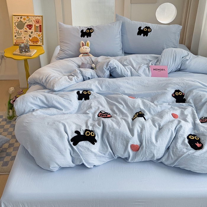 91家纺网 家纺一手货源 找家纺 韩巢家纺 2024新款四季通用超柔水洗棉毛巾绣单件被套-幸运猫系列（提供卖家秀 ） 幸运猫浅蓝