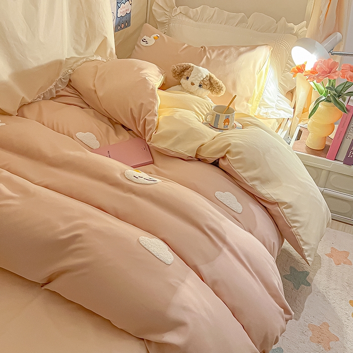 91家纺网 家纺一手货源 找家纺 2024新款水洗棉卡通小清新毛巾绣四件套宿舍三件套学生款 可爱鸭-奶茶奶黄