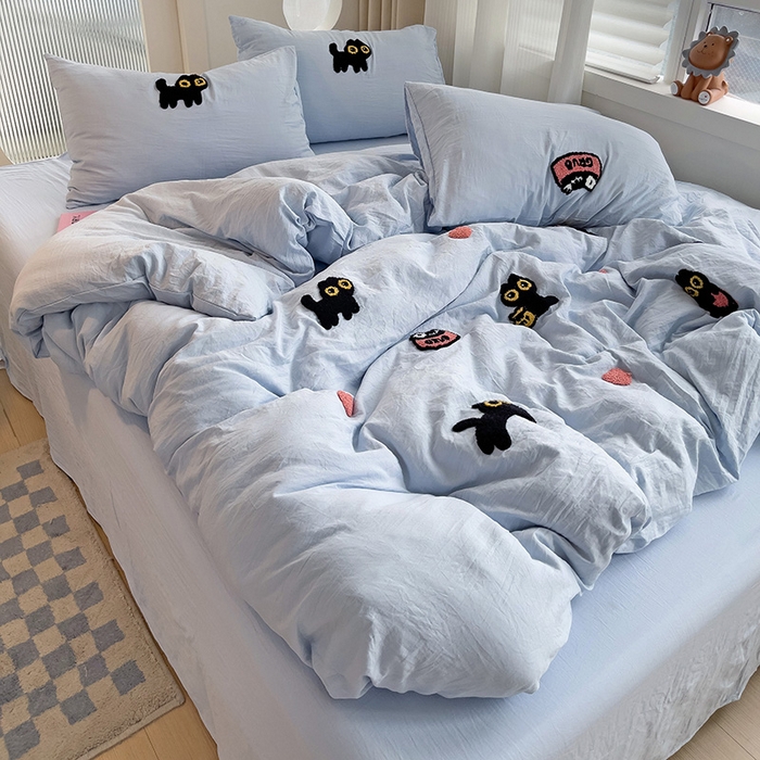 91家纺网 家纺一手货源 找家纺 韩巢家纺 2024新款四季通用超柔水洗棉毛巾绣单件被套-幸运猫系列（提供卖家秀 ） 幸运猫浅蓝