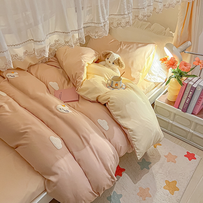 91家纺网 家纺一手货源 找家纺 2024新款水洗棉卡通小清新毛巾绣四件套宿舍三件套学生款 可爱鸭-奶茶奶黄