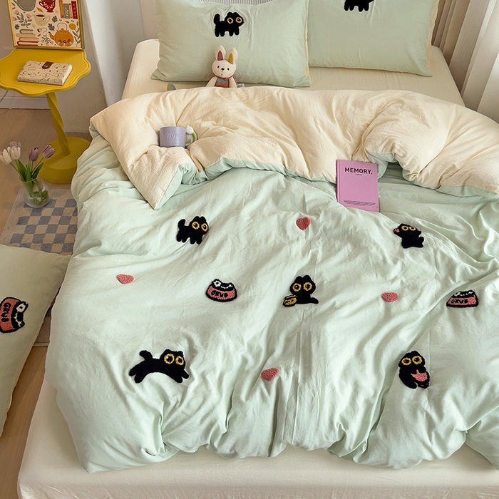 91家纺网 家纺一手货源 找家纺 韩巢家纺 2024新款四季通用超柔水洗棉毛巾绣单件被套-幸运猫系列（提供卖家秀 ） 幸运猫浅绿黄