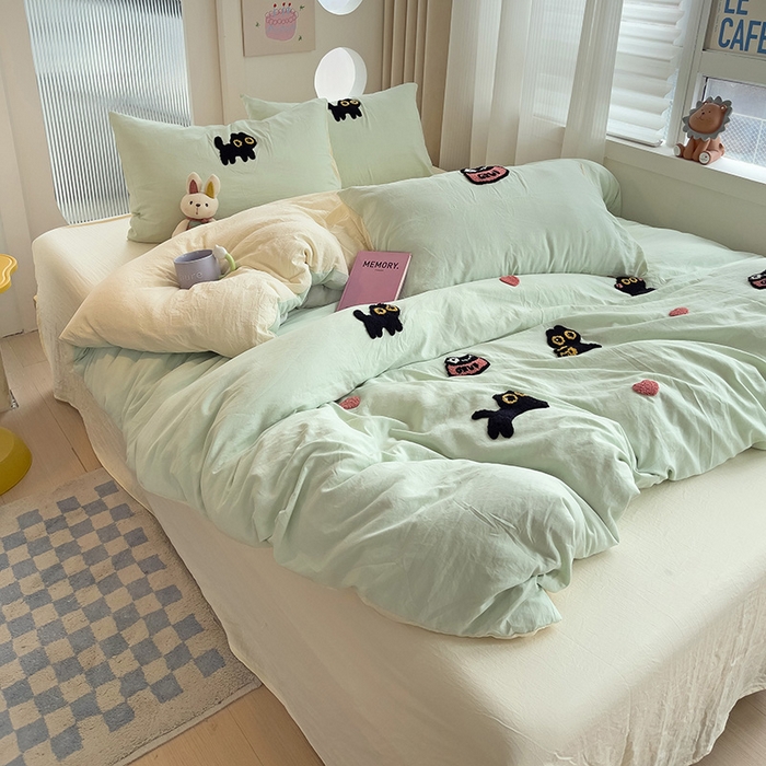 91家纺网 家纺一手货源 找家纺 韩巢家纺 2024新款四季通用超柔水洗棉毛巾绣单件被套-幸运猫系列（提供卖家秀 ） 幸运猫浅绿黄