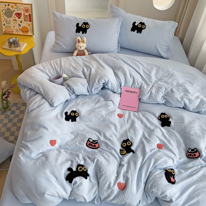 91家纺网 家纺一手货源 找家纺 韩巢家纺 2024新款四季通用超柔水洗棉毛巾绣单件被套-幸运猫系列（提供卖家秀 ） 幸运猫浅蓝