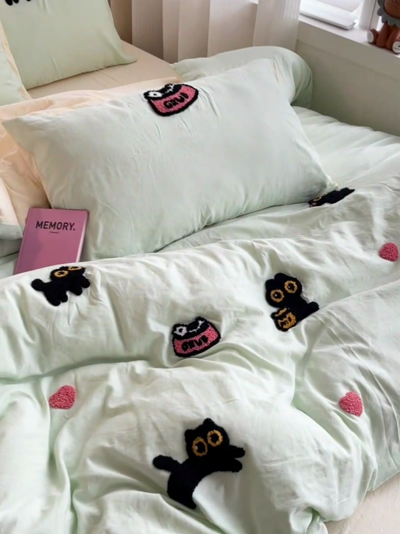 91家纺网 家纺一手货源 找家纺 韩巢家纺 2024新款四季通用超柔水洗棉毛巾绣单件被套-幸运猫系列（提供卖家秀 ） 幸运猫浅绿黄