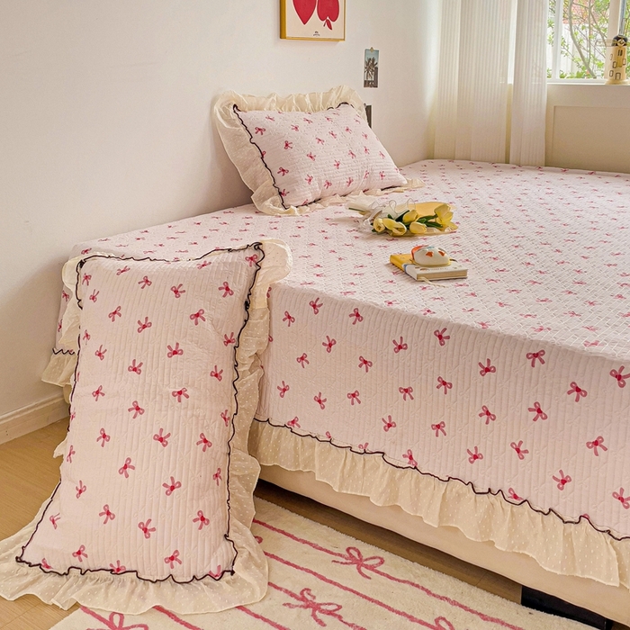 91家纺网 家纺一手货源 找家纺 暖居 2024纯棉榻榻米四件套单件农村大炕盖支持定制绗缝防滑单件纯棉床单四季通用 粉蝴蝶结