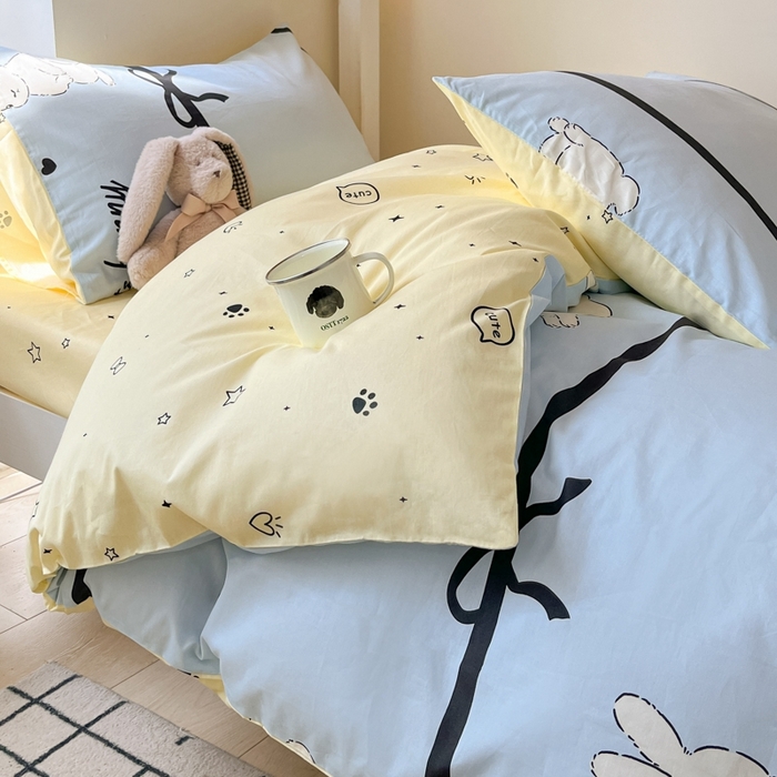 91家纺网 家纺一手货源 找家纺 吉象家纺 2025新款全棉印花款三件套 玉兔-浅蓝