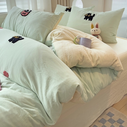 91家纺网 家纺一手货源 找家纺 （总）韩巢家纺 2024新款四季通用超柔水洗棉毛巾绣单件被套-幸运猫系列（提供卖家秀 ）