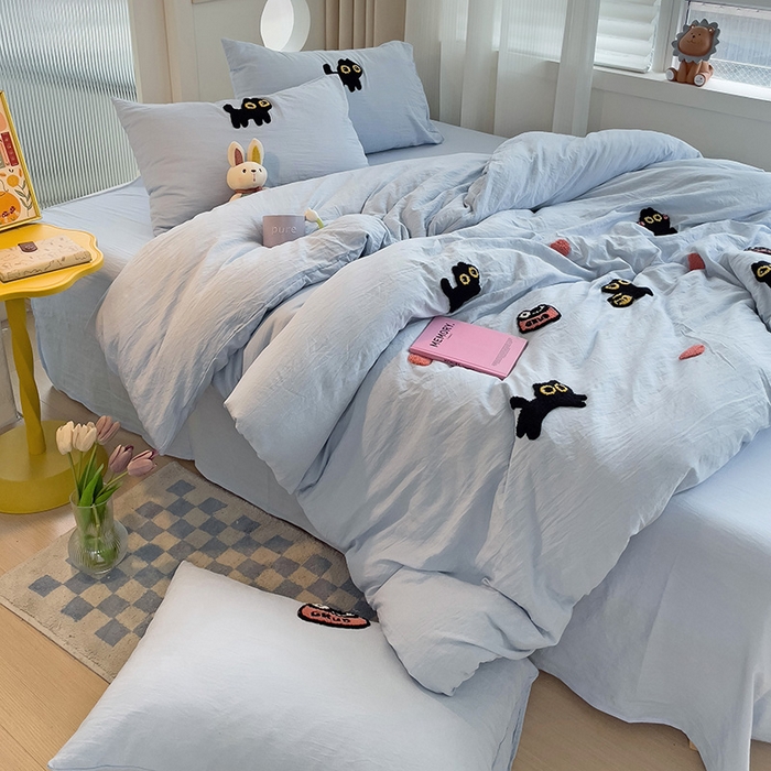 91家纺网 家纺一手货源 找家纺 韩巢家纺 2024新款四季通用超柔水洗棉毛巾绣单件被套-幸运猫系列（提供卖家秀 ） 幸运猫浅蓝