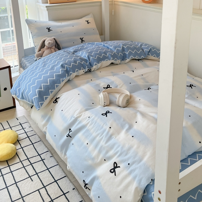 91家纺网 家纺一手货源 找家纺 吉象家纺 2025新款全棉印花款三件套 蓝茵