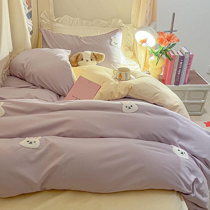 91家纺网 家纺一手货源 找家纺 2024新款水洗棉卡通小清新毛巾绣四件套宿舍三件套学生款 兔兔-奶油紫奶黄