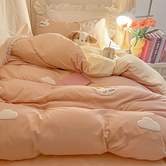 91家纺网 家纺一手货源 找家纺 2024新款水洗棉卡通小清新毛巾绣四件套宿舍三件套学生款 可爱鸭-奶茶奶黄