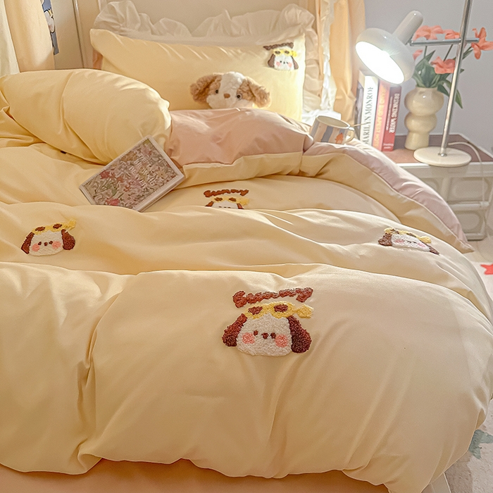 91家纺网 家纺一手货源 找家纺 2024新款水洗棉卡通小清新毛巾绣四件套宿舍三件套学生款 帕恰-奶黄奶茶