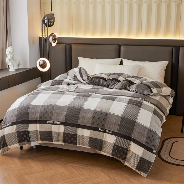 91家纺网 家纺一手货源 找家纺 董韵家纺 2025新款高克重全消光牛奶绒法莱绒金貂绒印花单品被套床裙四件套（提供买家秀） 方格灰