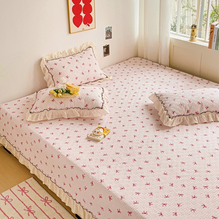 91家纺网 家纺一手货源 找家纺 暖居 2024纯棉榻榻米四件套单件农村大炕盖支持定制绗缝防滑单件纯棉床单四季通用 粉蝴蝶结