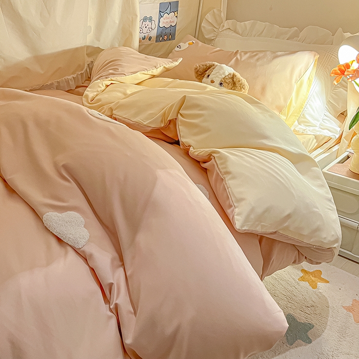 91家纺网 家纺一手货源 找家纺 2024新款水洗棉卡通小清新毛巾绣四件套宿舍三件套学生款 可爱鸭-奶茶奶黄