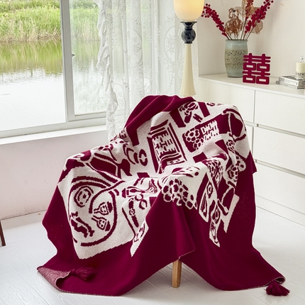 91家纺网 家纺一手货源 找家纺 （总）栩裕纺织 2024新款中式风高端婚礼喜字毛毯（可定制）