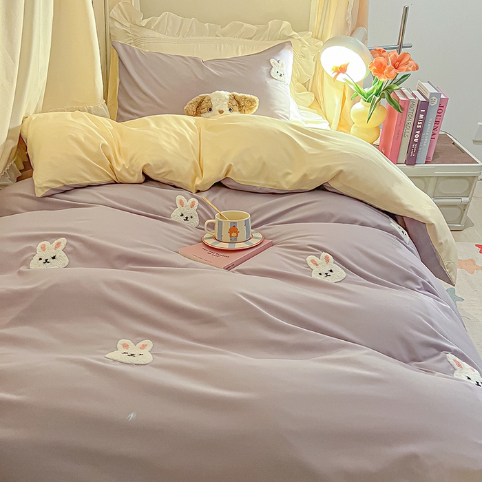 91家纺网 家纺一手货源 找家纺 2024新款水洗棉卡通小清新毛巾绣四件套宿舍三件套学生款 兔兔-奶油紫奶黄