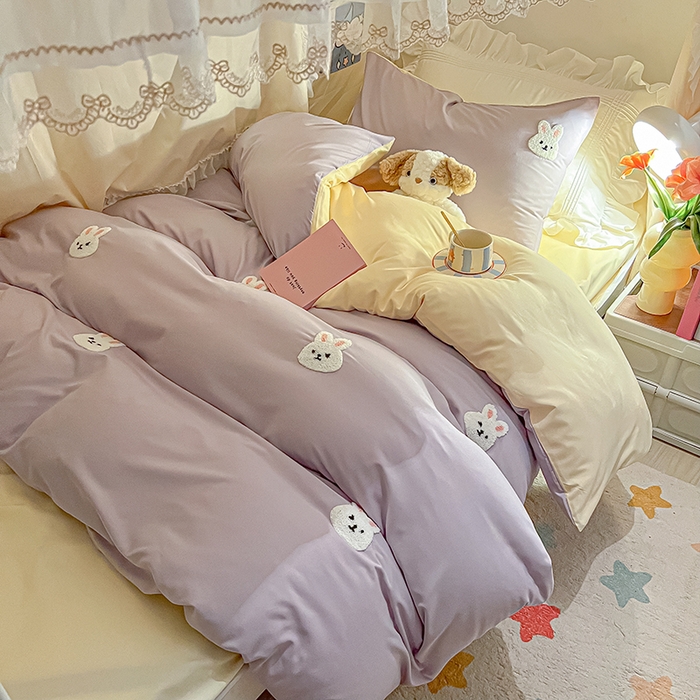 91家纺网 家纺一手货源 找家纺 2024新款水洗棉卡通小清新毛巾绣四件套宿舍三件套学生款 兔兔-奶油紫奶黄