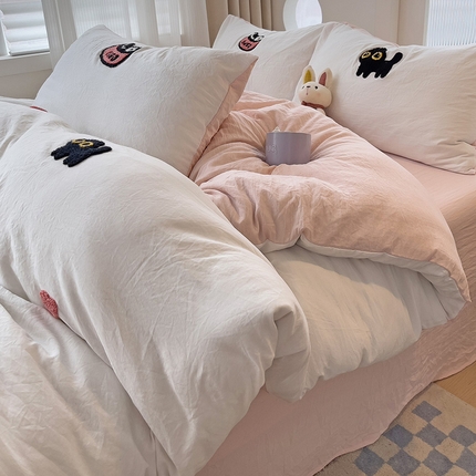 韩巢家纺 2024新款四季通用超柔水洗棉毛巾绣单件被套-幸运猫系列（提供卖家秀 ） 幸运猫白浅粉