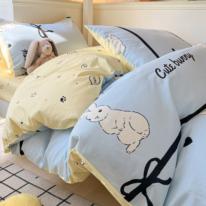 91家纺网 家纺一手货源 找家纺 吉象家纺 2025新款全棉印花款三件套 玉兔-浅蓝