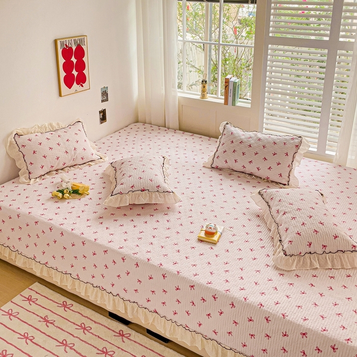 91家纺网 家纺一手货源 找家纺 暖居 2024纯棉榻榻米四件套单件农村大炕盖支持定制绗缝防滑单件纯棉床单四季通用 粉蝴蝶结