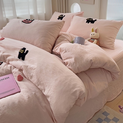 韩巢家纺 2024新款四季通用超柔水洗棉毛巾绣单件被套-幸运猫系列（提供卖家秀 ） 幸运猫浅粉
