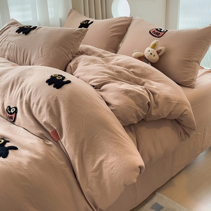 韩巢家纺 2024新款四季通用超柔水洗棉毛巾绣单件被套-幸运猫系列（提供卖家秀 ） 幸运猫奶咖