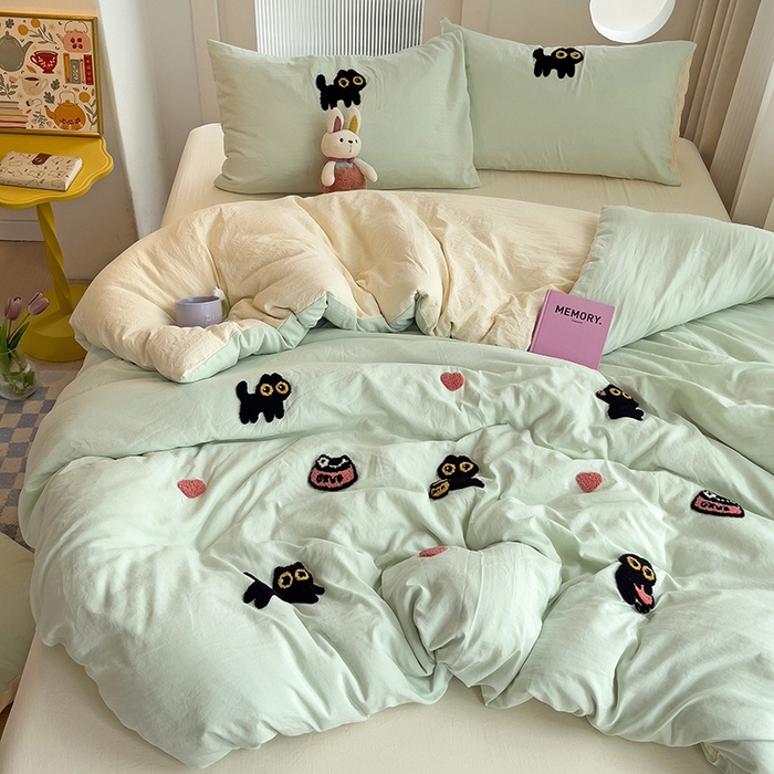 91家纺网 家纺一手货源 找家纺 韩巢家纺 2024新款四季通用超柔水洗棉毛巾绣单件被套-幸运猫系列（提供卖家秀 ） 幸运猫浅绿黄