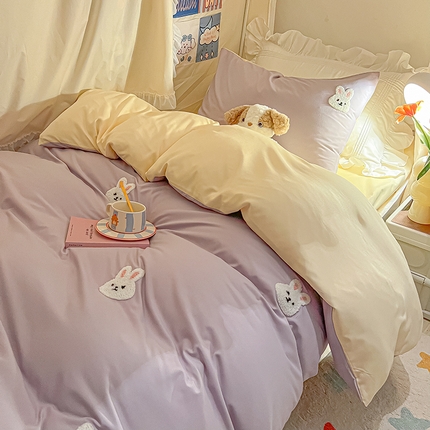 91家纺网 家纺一手货源 找家纺 2024新款水洗棉卡通小清新毛巾绣四件套宿舍三件套学生款 兔兔-奶油紫奶黄