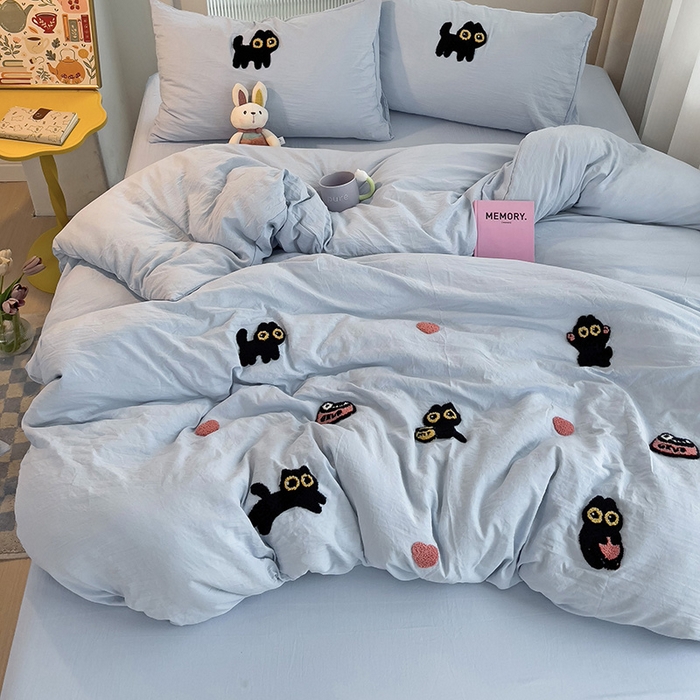 91家纺网 家纺一手货源 找家纺 韩巢家纺 2024新款四季通用超柔水洗棉毛巾绣单件被套-幸运猫系列（提供卖家秀 ） 幸运猫浅蓝